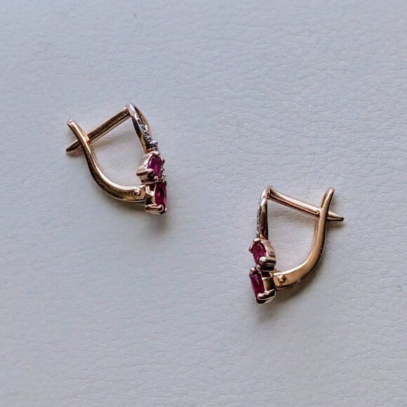 Russian Russia Solid 14K Rose Pink Gold Ruby Diamond Cluster Pierced Earrings - Picture 6 of 15